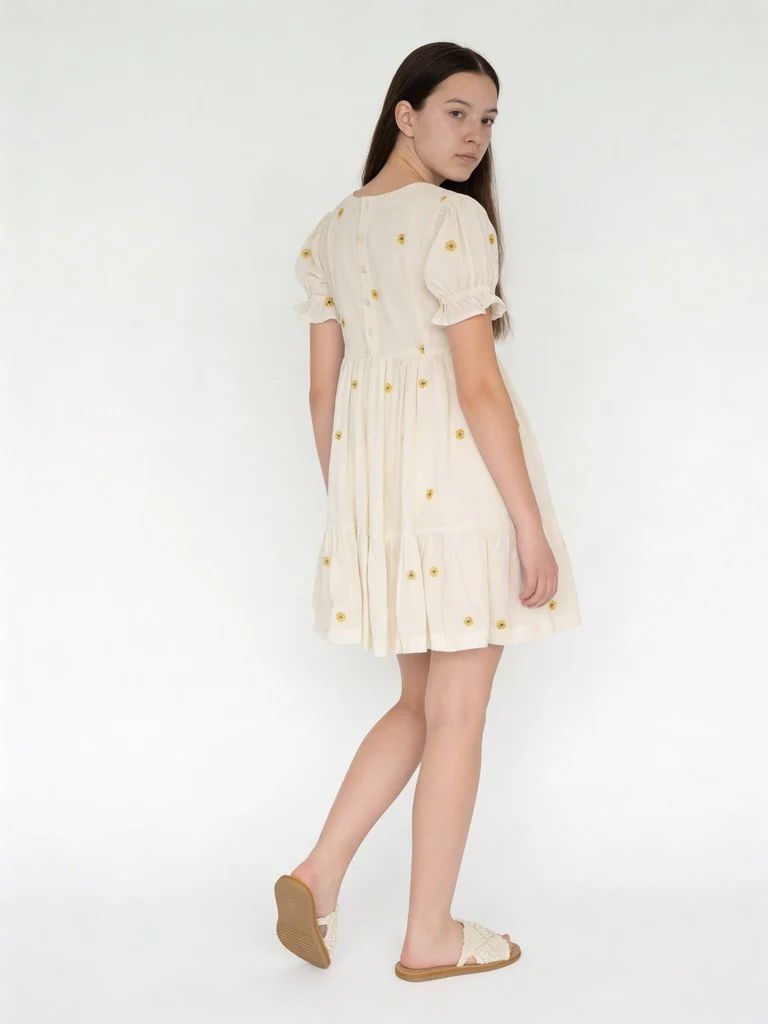 Utsa Kids Girls White Floral Embroidered Cotton-Blend Dress - (8-14 yrs) - Image 2