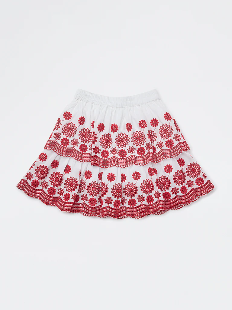 Utsa Kids Girls White Floral Embroidered Cotton Skirt - (2-8 yrs) - Image 2
