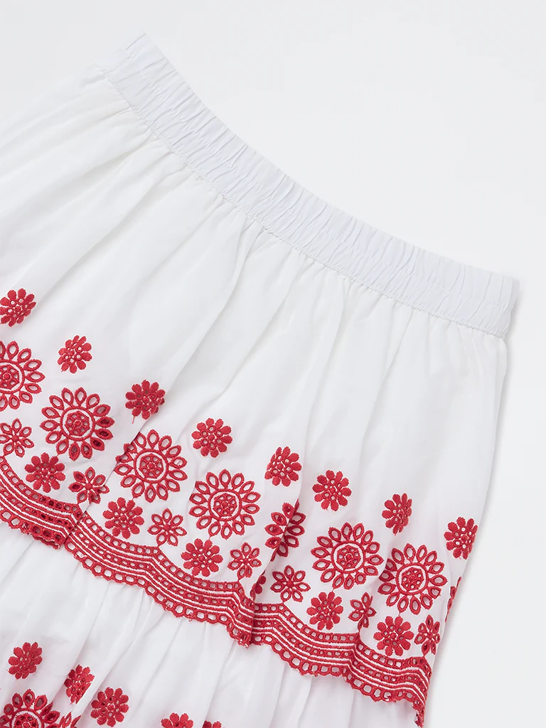 Utsa Kids Girls White Floral Embroidered Cotton Skirt - (8-14 yrs) - Image 3