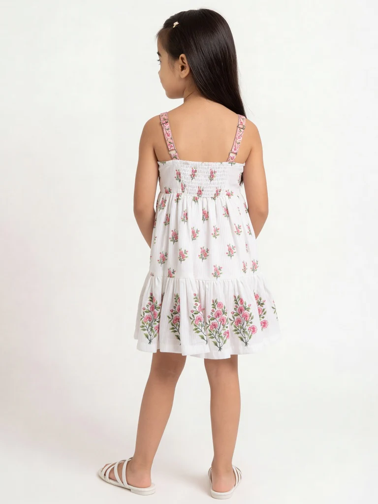 Utsa Kids Girls White Floral Embroidered Cotton Tiered Dress - (2-8 yrs) - Image 2