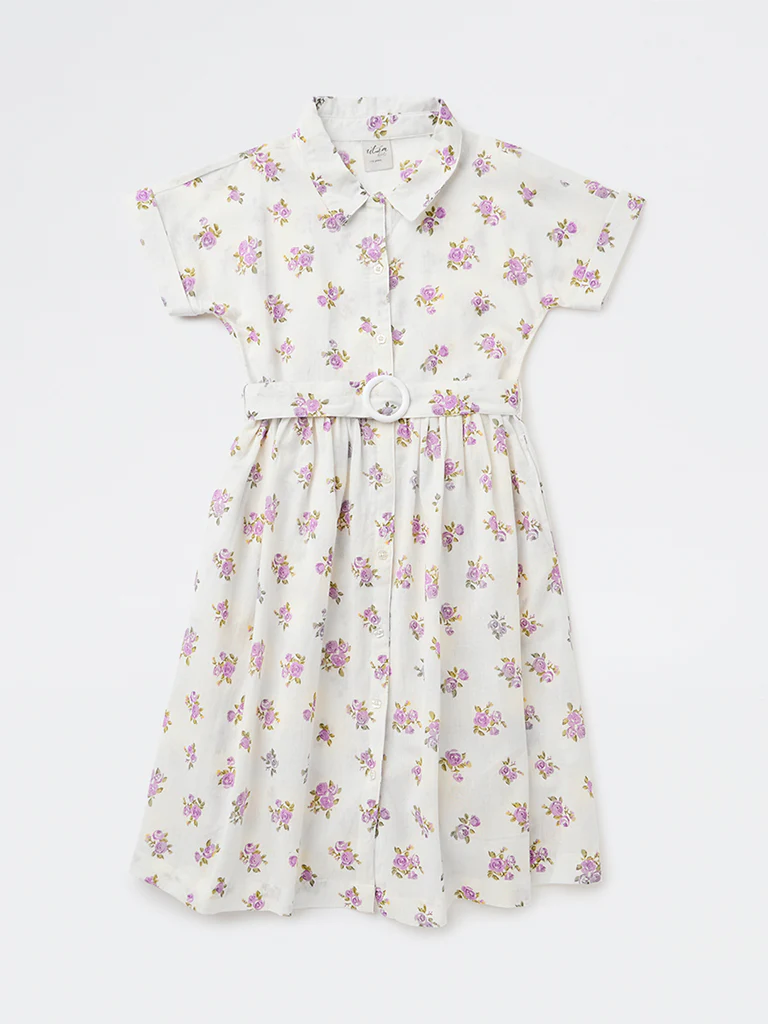 Utsa Kids Girls White Floral Printed A-Line Cotton-Blend Dress - (8-14 yrs)