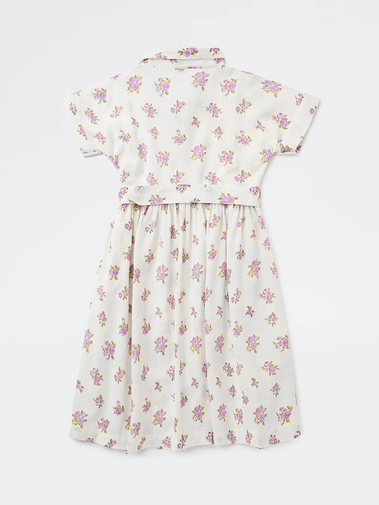 Utsa Kids Girls White Floral Printed A-Line Cotton-Blend Dress - (8-14 yrs) - Image 2