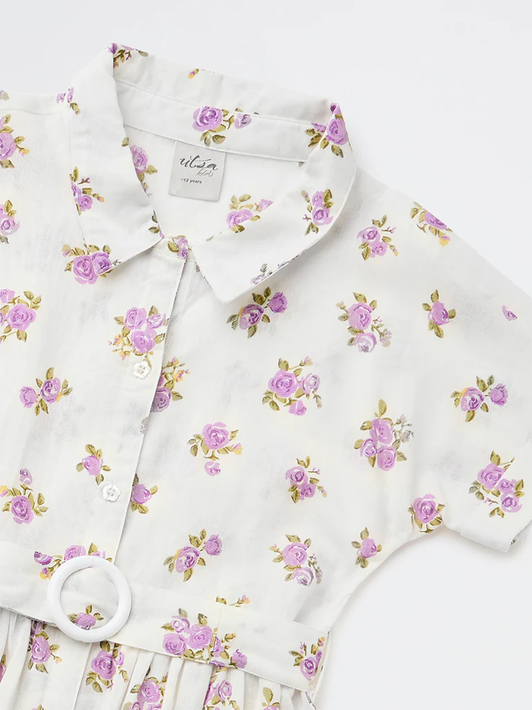 Utsa Kids Girls White Floral Printed A-Line Cotton-Blend Dress - (8-14 yrs) - Image 3