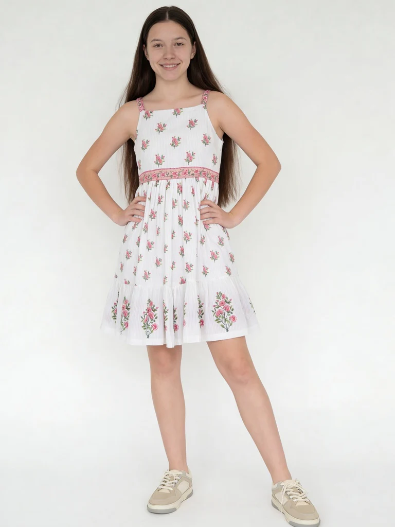 Utsa Kids Girls White Floral Tiered Fit and Flare Cotton Dress - (8-14 yrs)