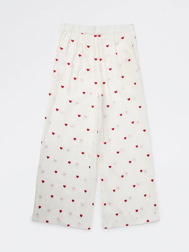 Utsa Kids Girls White Heart Embroidered Cotton Pants - (8-14 yrs) - Image 2