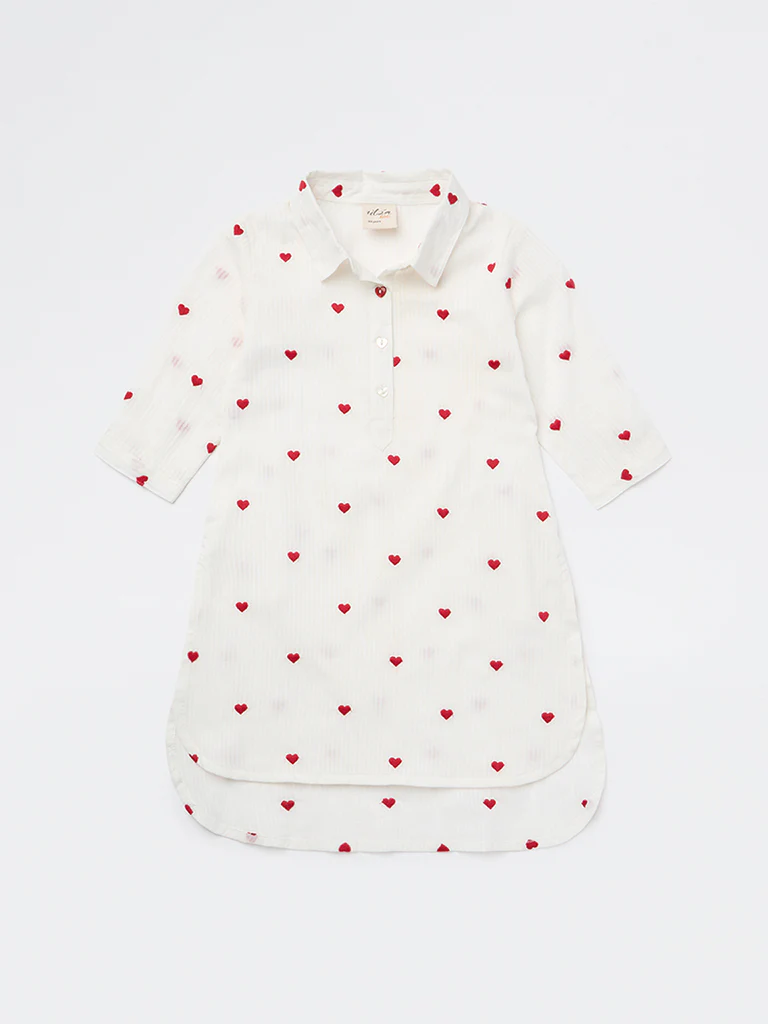 Utsa Kids Girls White Heart Embroidered Cotton Tunic - (2-8 yrs) - Image 3