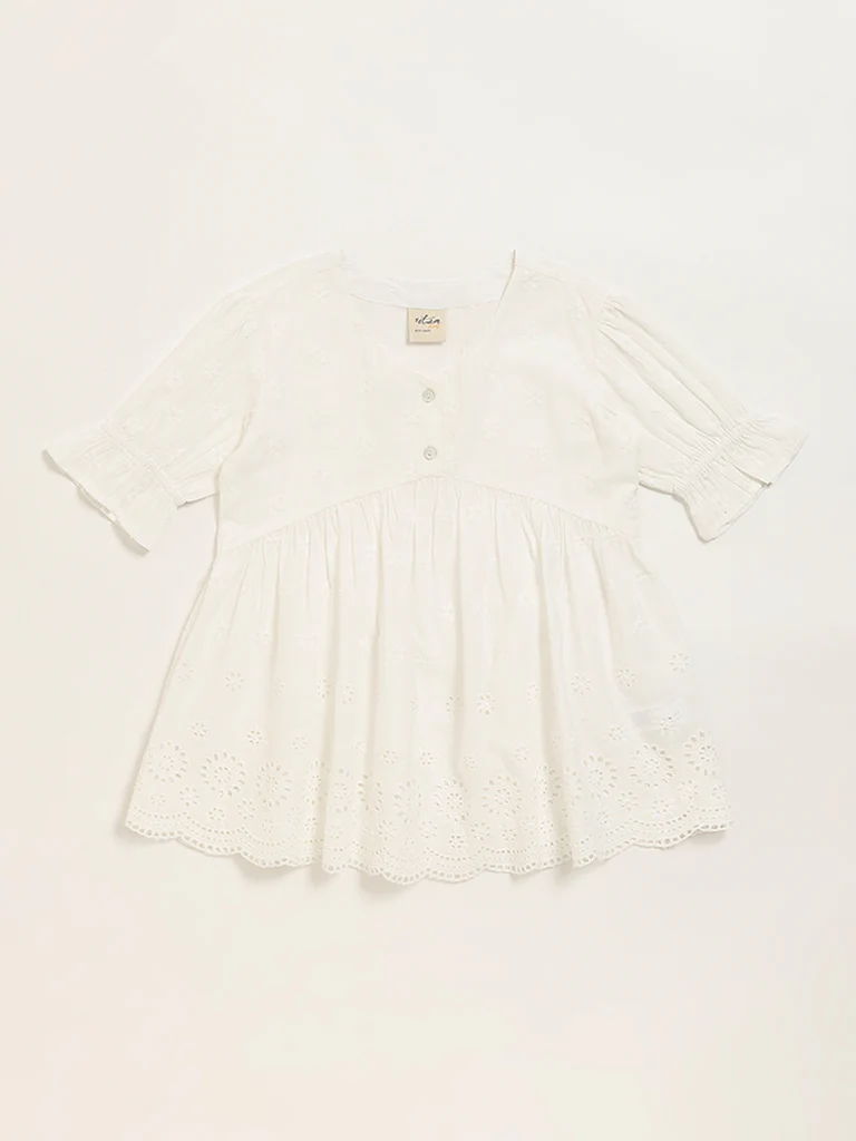 Utsa Kids Girls White Schiffli Flared Cotton Top - (8-14 yrs)