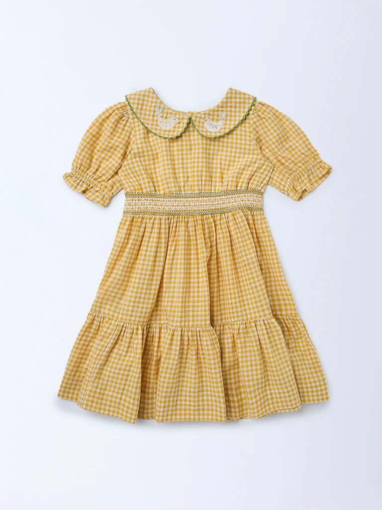 Utsa Kids Girls Yellow Check A-Line Cotton Dress - (2-8 yrs) - Image 3
