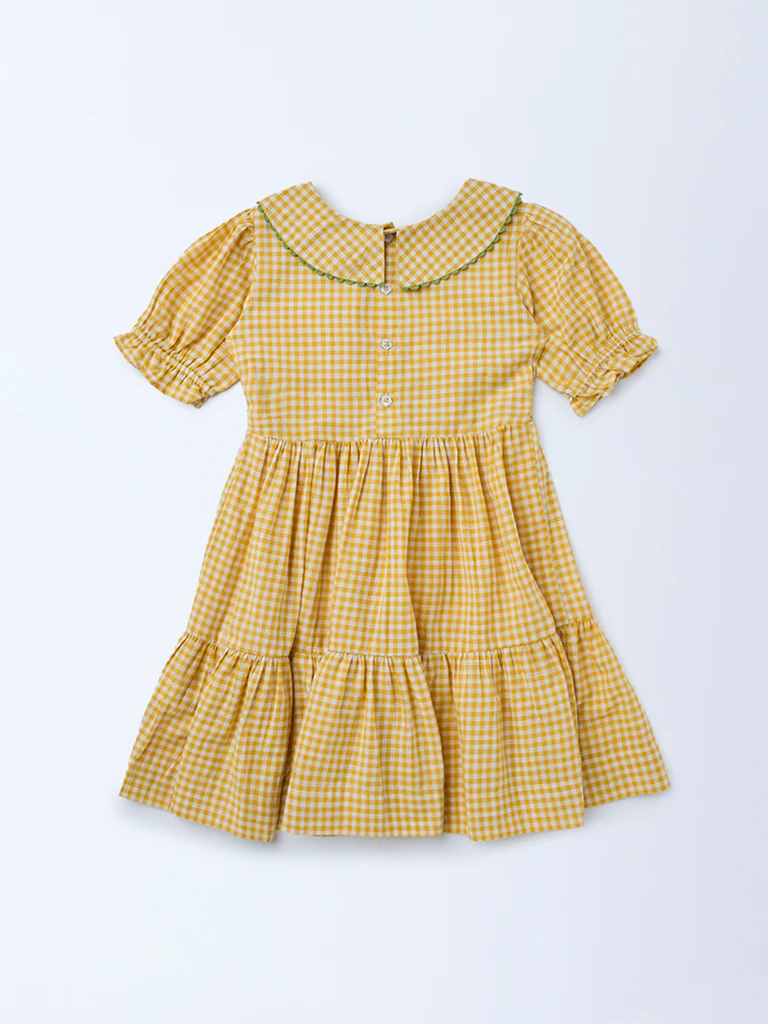 Utsa Kids Girls Yellow Check A-Line Cotton Dress - (2-8 yrs) - Image 4
