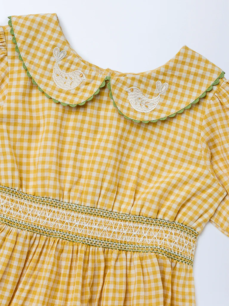 Utsa Kids Girls Yellow Check A-Line Cotton Dress - (2-8 yrs) - Image 5