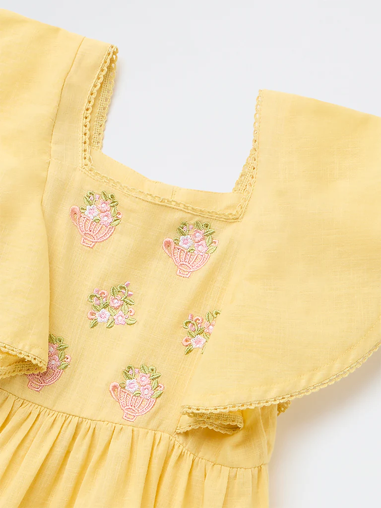 Utsa Kids Girls Yellow Embroidered A-Line Cotton Dress - (2-8 yrs) - Image 3