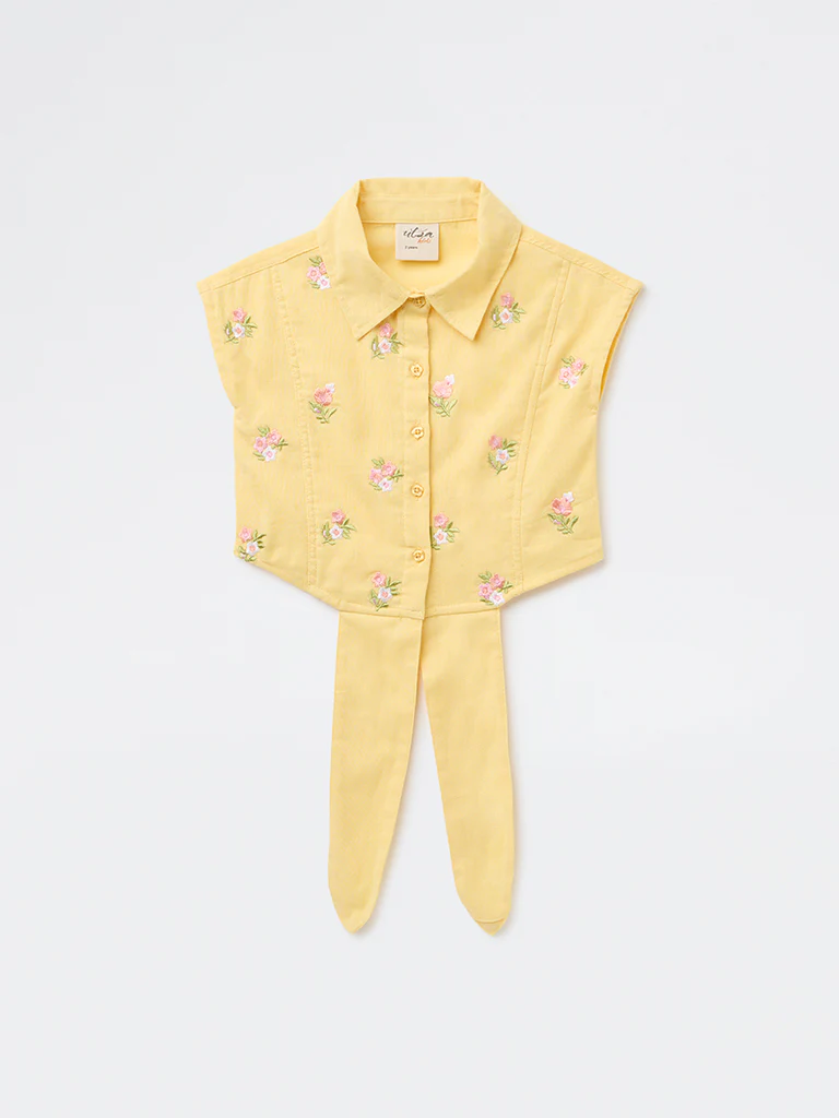 Utsa Kids Girls Yellow Embroidered Cotton-Blend Top - (2-8 yrs)