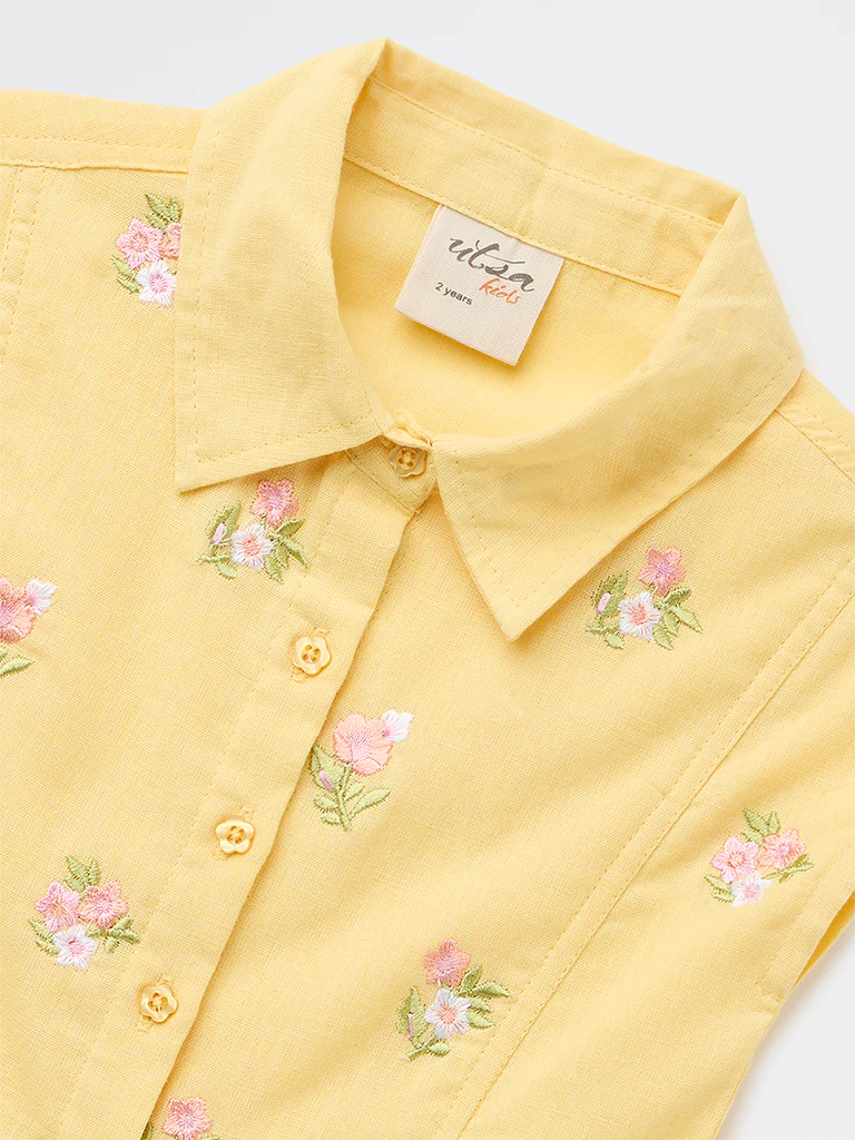Utsa Kids Girls Yellow Embroidered Cotton-Blend Top - (2-8 yrs) - Image 3