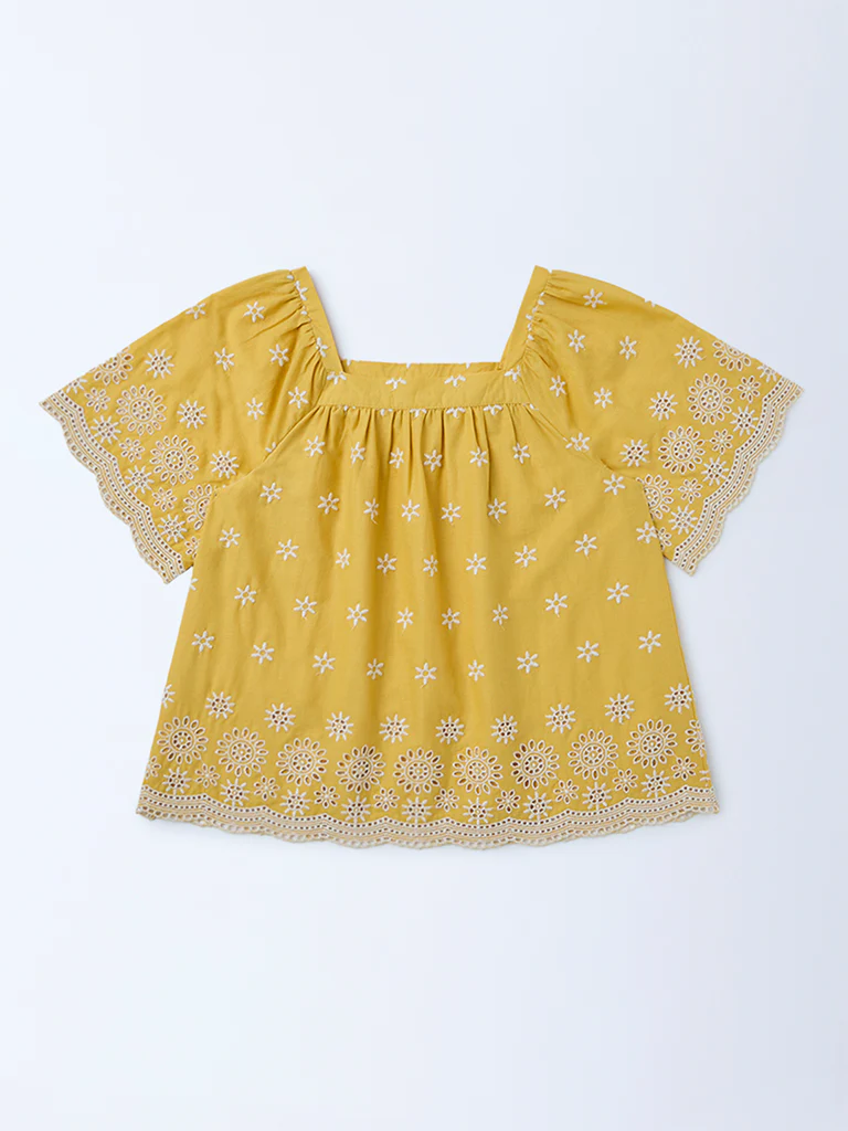 Utsa Kids Girls Yellow Embroidered Cotton Top - (8-14 yrs)