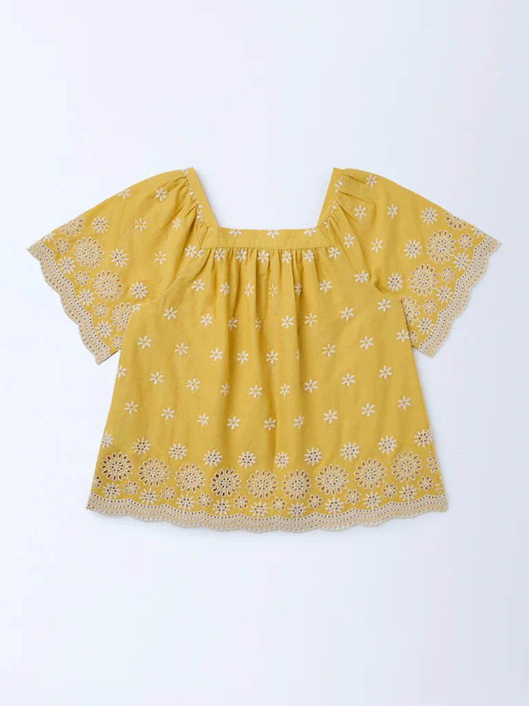 Utsa Kids Girls Yellow Embroidered Cotton Top - (8-14 yrs) - Image 2