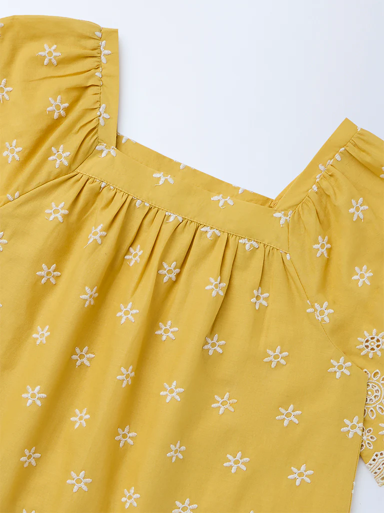 Utsa Kids Girls Yellow Embroidered Cotton Top - (8-14 yrs) - Image 3