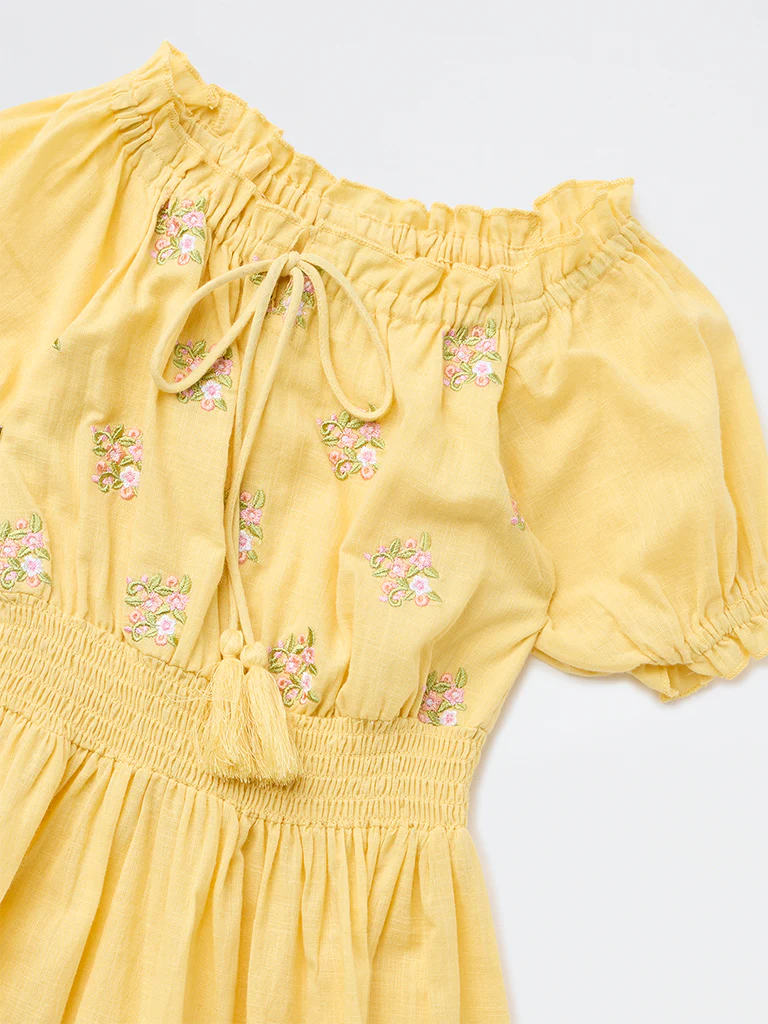 Utsa Kids Girls Yellow Floral Embroidered A-Line Cotton Dress - (8-14 yrs) - Image 3