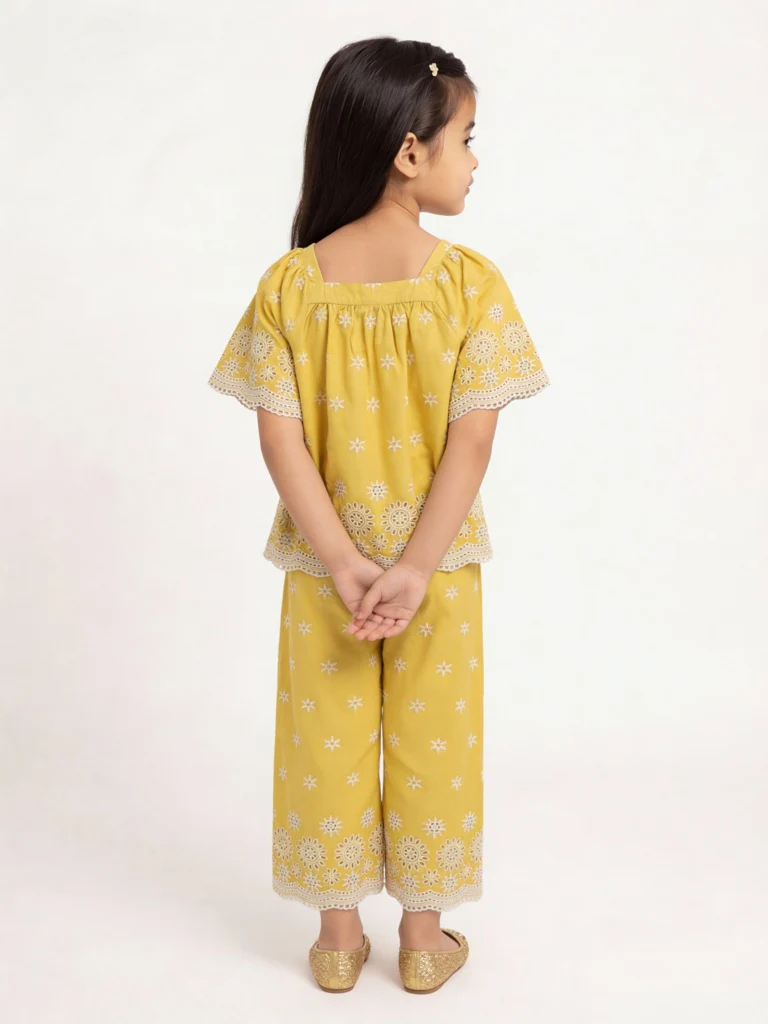 Utsa Kids Girls Yellow Floral Embroidered Cotton Ethnic Pants - (2-8 yrs) - Image 2