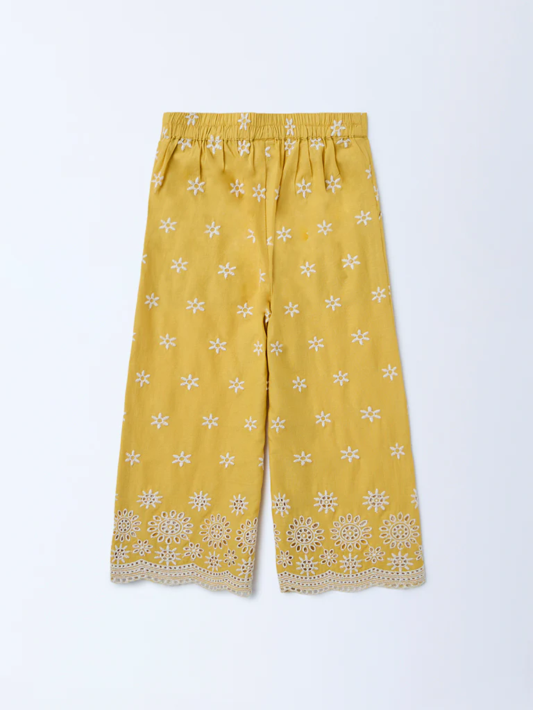 Utsa Kids Girls Yellow Floral Embroidered Cotton Ethnic Pants - (2-8 yrs) - Image 4