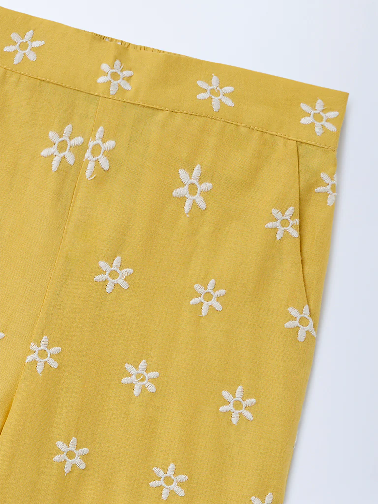 Utsa Kids Girls Yellow Floral Embroidered Cotton Ethnic Pants - (2-8 yrs) - Image 5