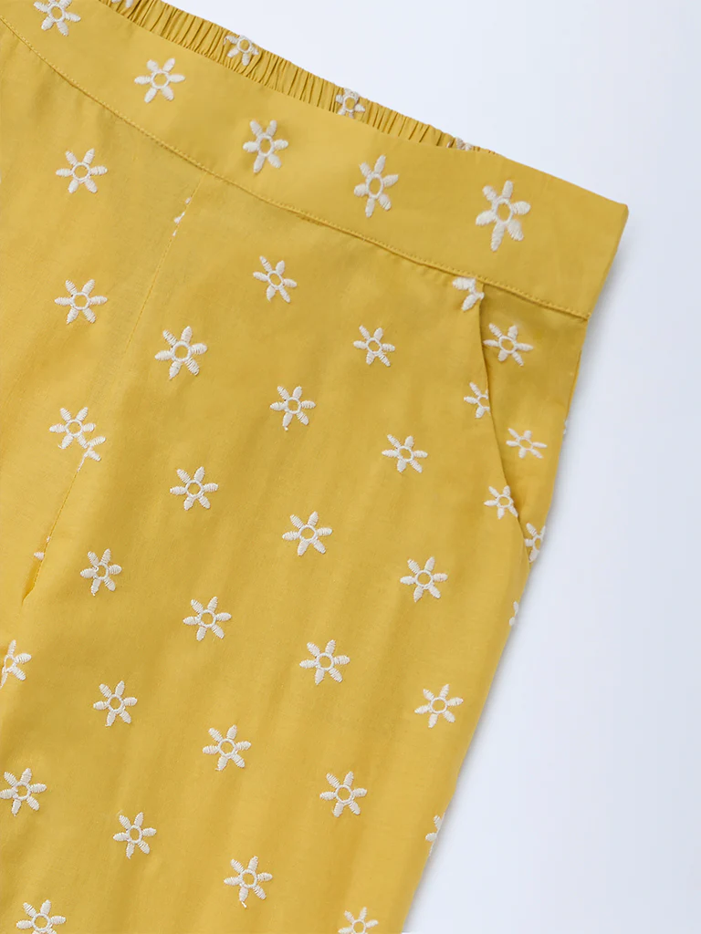 Utsa Kids Girls Yellow Floral Embroidered Cotton Ethnic Pants - (8-14 yrs) - Image 3