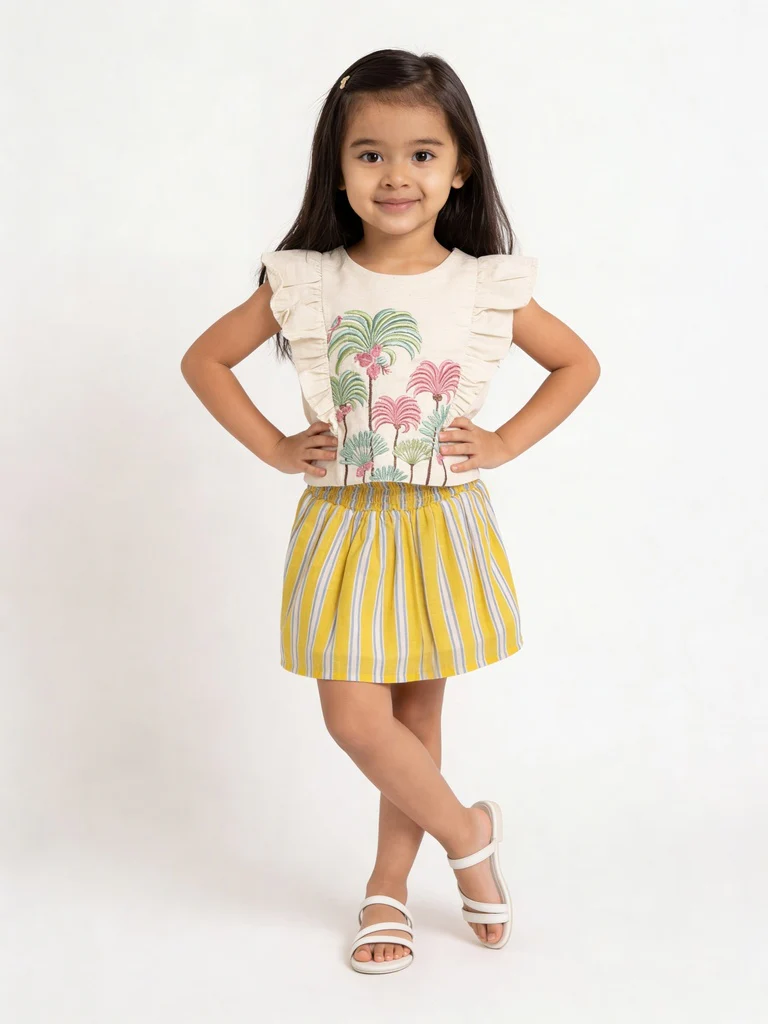Utsa Kids Girls Yellow Striped Cotton Flared Skirt - (2-8 yrs)