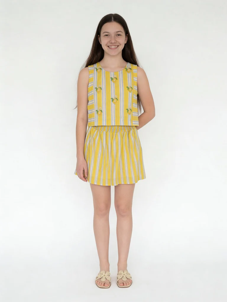 Utsa Kids Girls Yellow Striped Cotton Flared Skirt - (8-14 yrs)