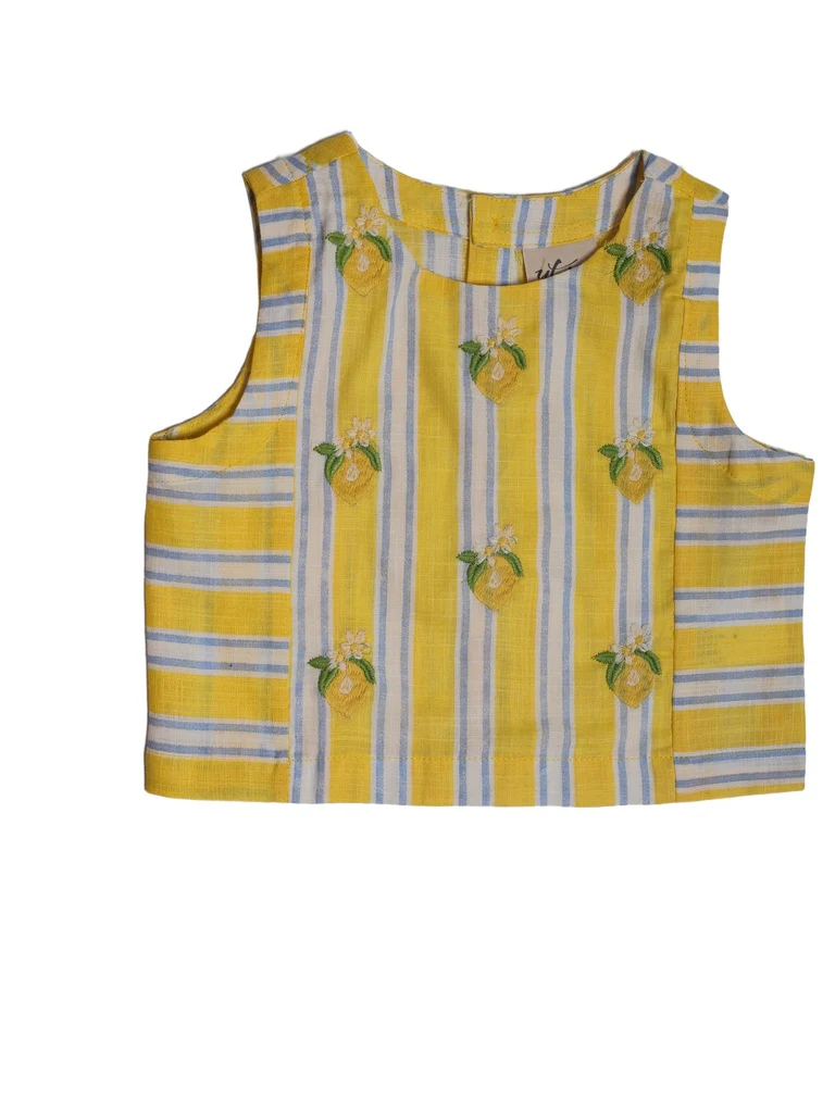 Utsa Kids Girls Yellow Striped Embroidered Cotton Top - (2-8 yrs) - Image 3