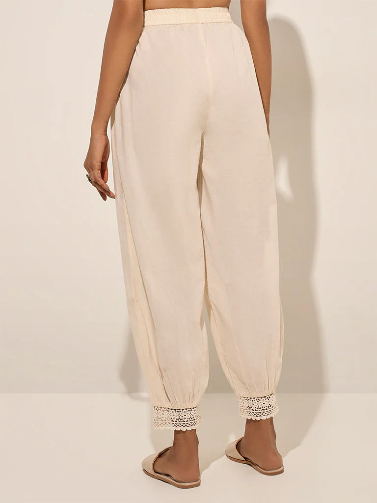 Utsa Light Beige Crochet-Detailed Harem-Style Ethnic Pants - Image 4