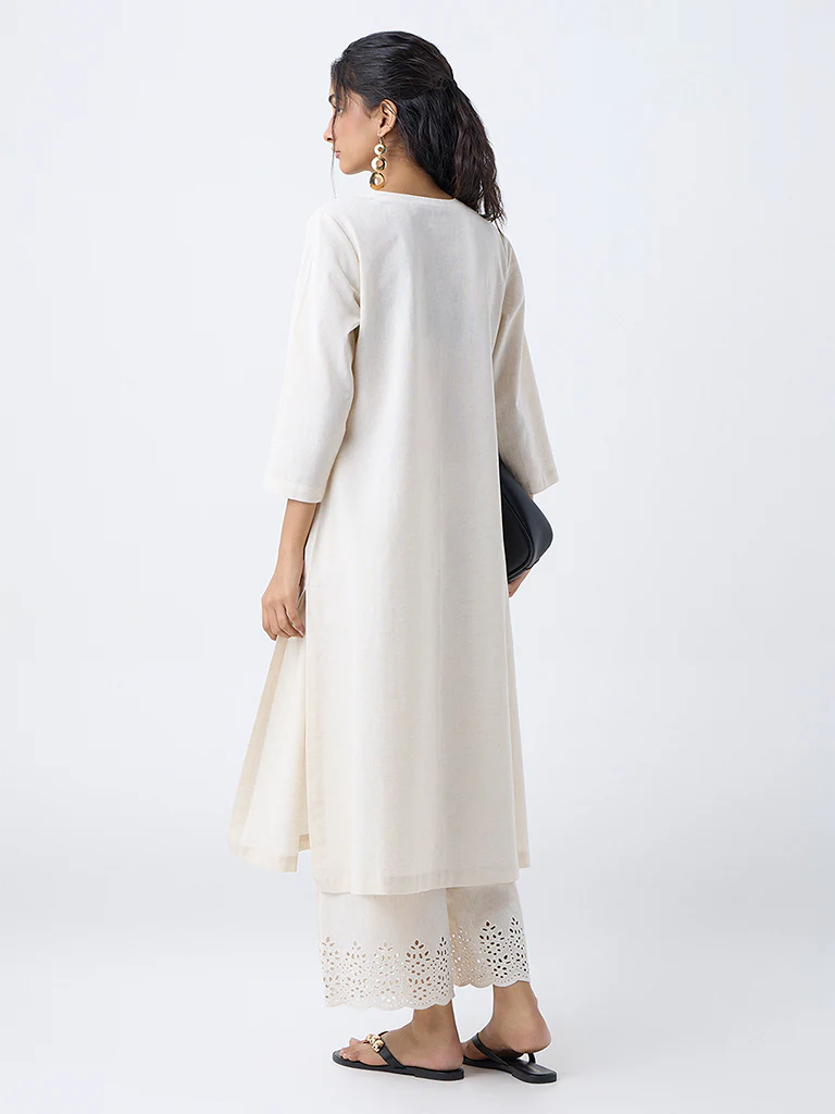 Utsa Light Beige Embroidered Cotton-Blend A-Line Kurta - Image 4