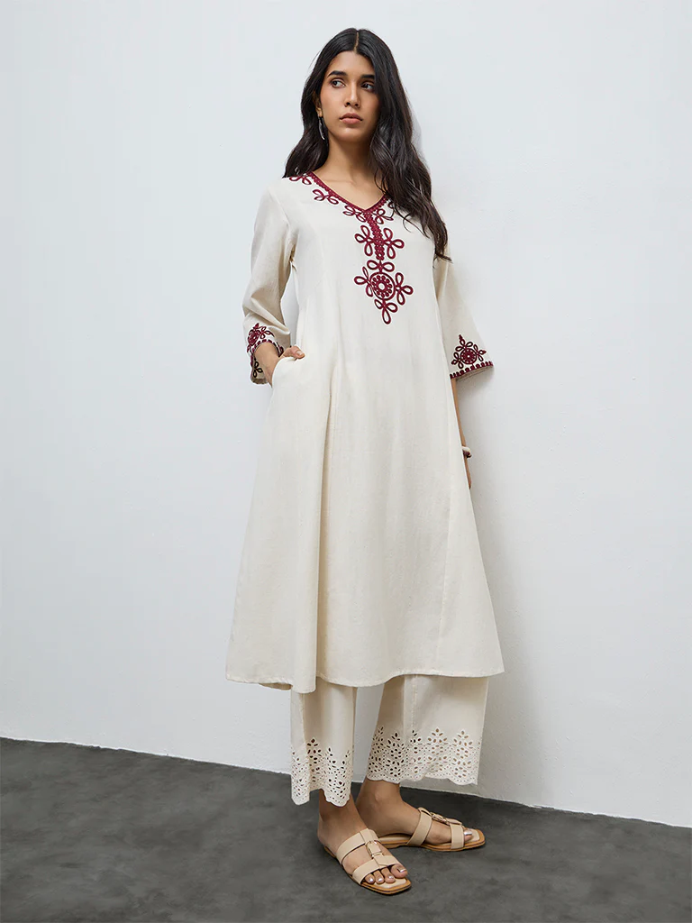 Utsa Light Beige Embroidered Cotton-Blend A-Line Kurta