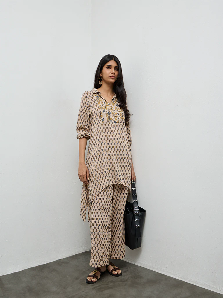 Utsa Light Beige Floral Printed Cotton Palazzos - Image 2