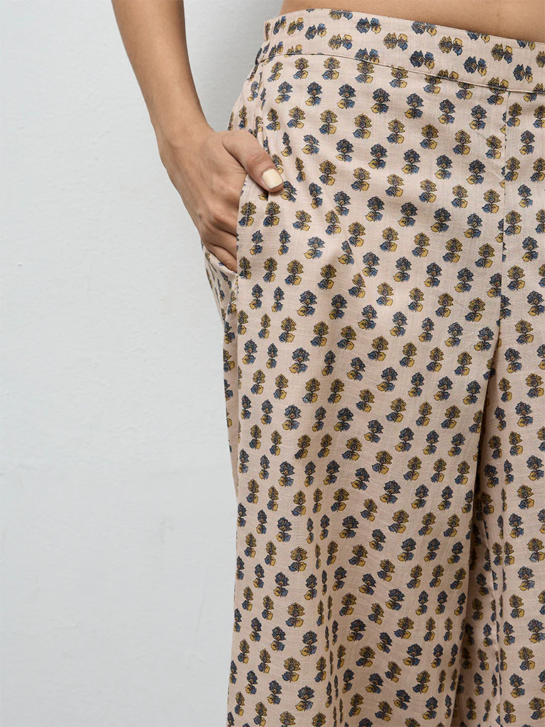 Utsa Light Beige Floral Printed Cotton Palazzos - Image 3