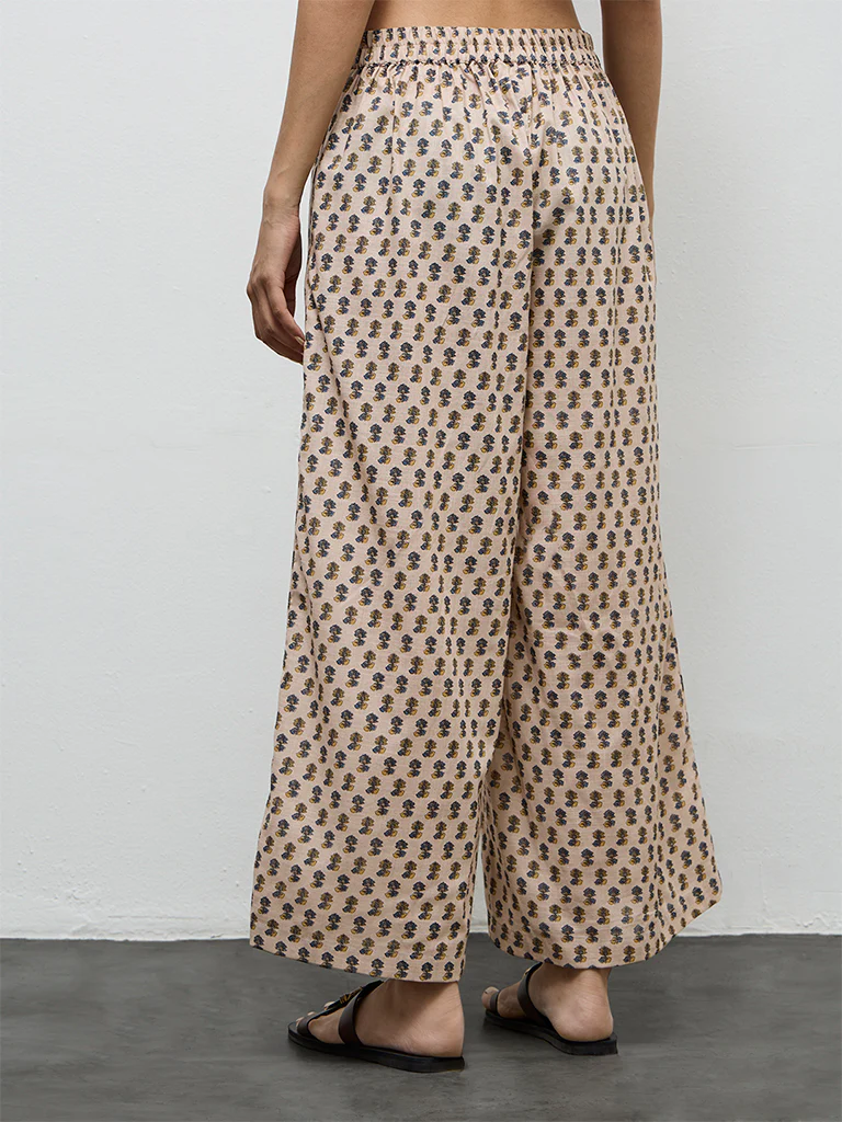 Utsa Light Beige Floral Printed Cotton Palazzos - Image 4
