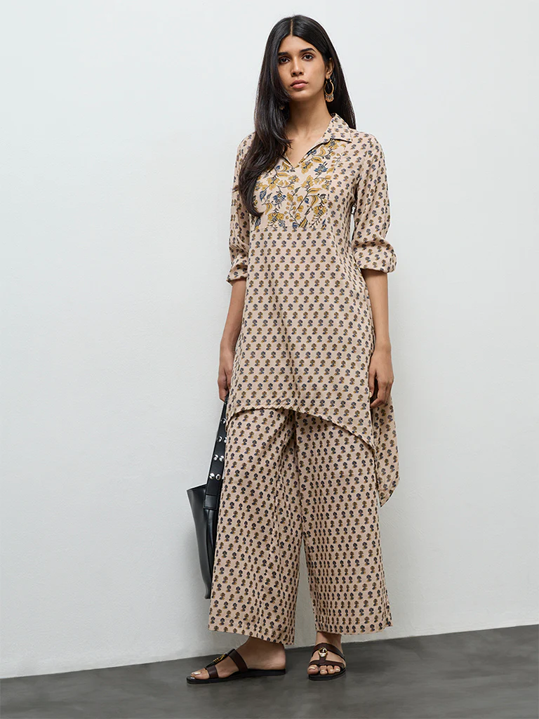 Utsa Light Beige Floral Printed Kurta