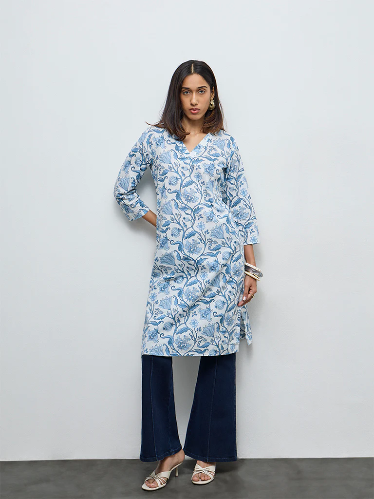 Utsa Light Blue Botanical Design Cotton Straight Kurta
