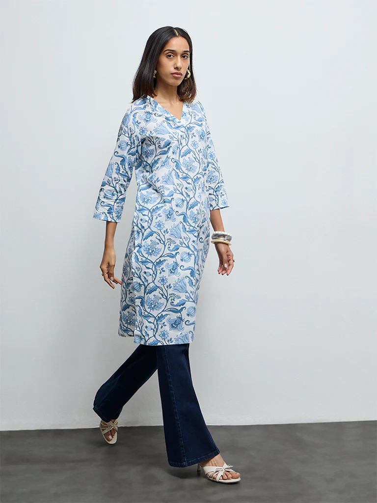 Utsa Light Blue Botanical Design Cotton Straight Kurta - Image 2