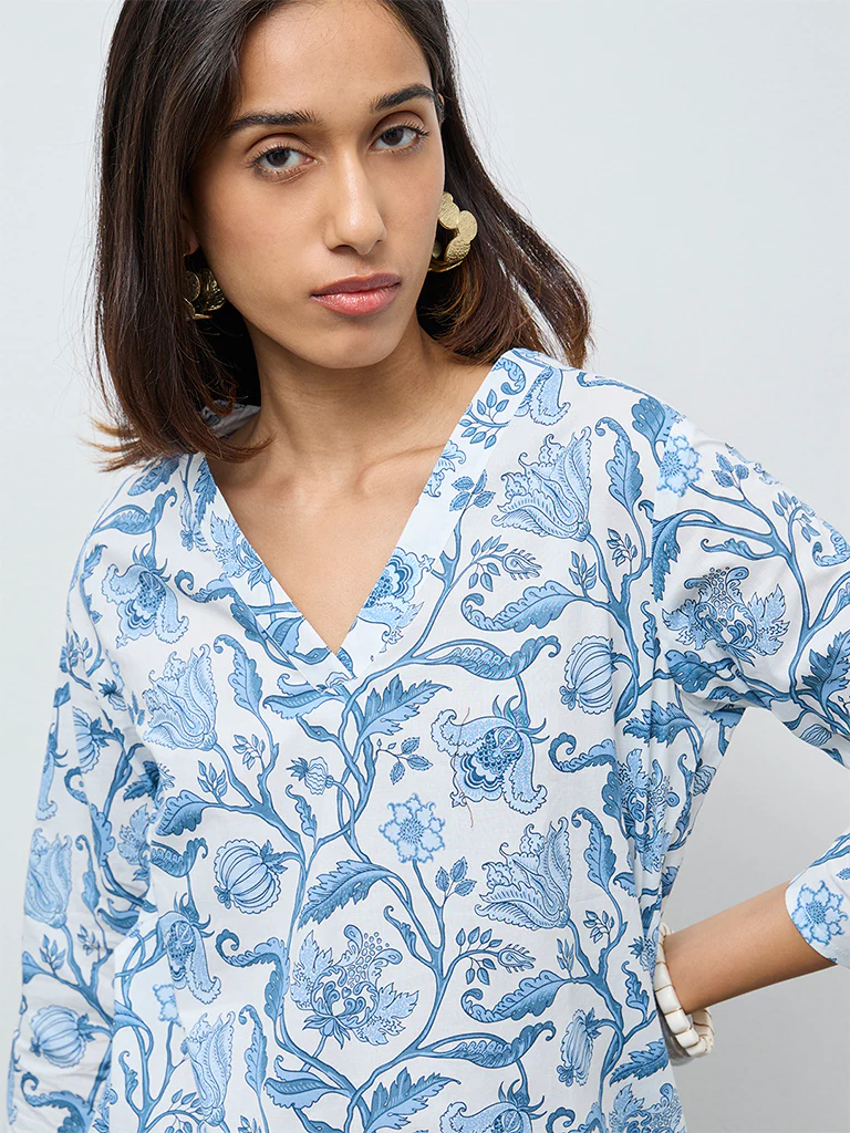 Utsa Light Blue Botanical Design Cotton Straight Kurta - Image 3