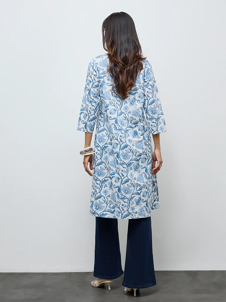 Utsa Light Blue Botanical Design Cotton Straight Kurta - Image 4