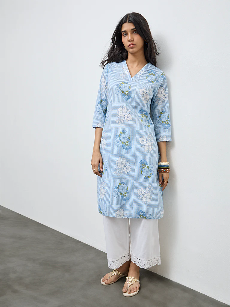 Utsa Light Blue Floral Cotton Straight Kurta - Image 2