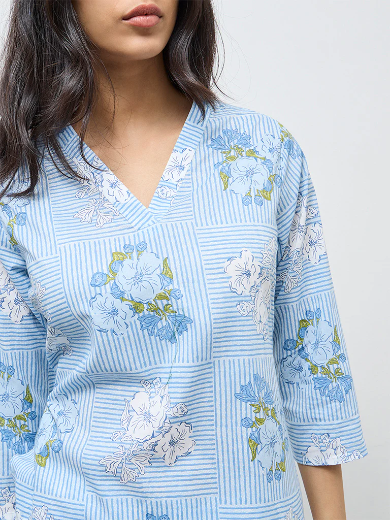 Utsa Light Blue Floral Cotton Straight Kurta - Image 3