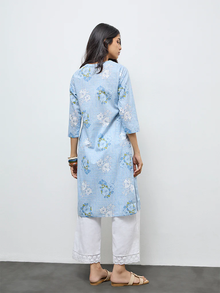 Utsa Light Blue Floral Cotton Straight Kurta - Image 4