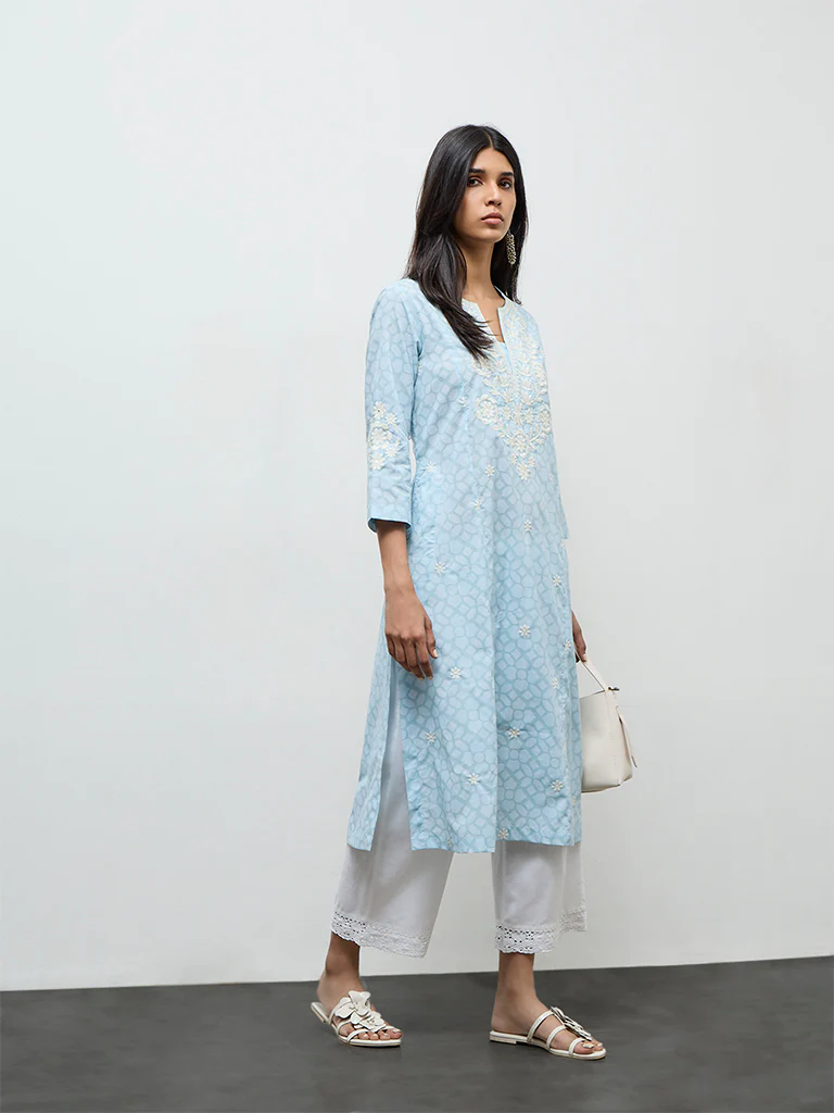 Utsa Light Blue Floral Embroidered Cotton-Blend  A-Line Kurta - Image 2