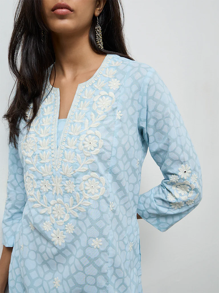 Utsa Light Blue Floral Embroidered Cotton-Blend  A-Line Kurta - Image 3