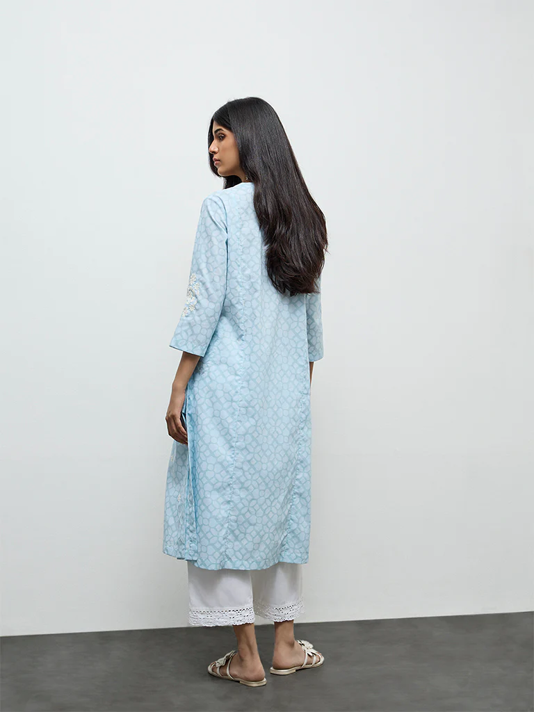 Utsa Light Blue Floral Embroidered Cotton-Blend  A-Line Kurta - Image 4