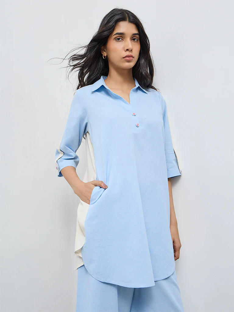 Utsa Light Blue Striped Cotton-Blend A-Line Kurta