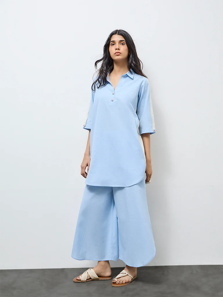 Utsa Light Blue Striped Cotton-Blend A-Line Kurta - Image 2