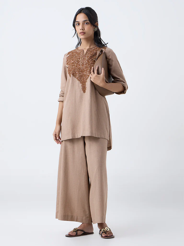 Utsa Light Brown Solid Cotton Palazzos - Image 2