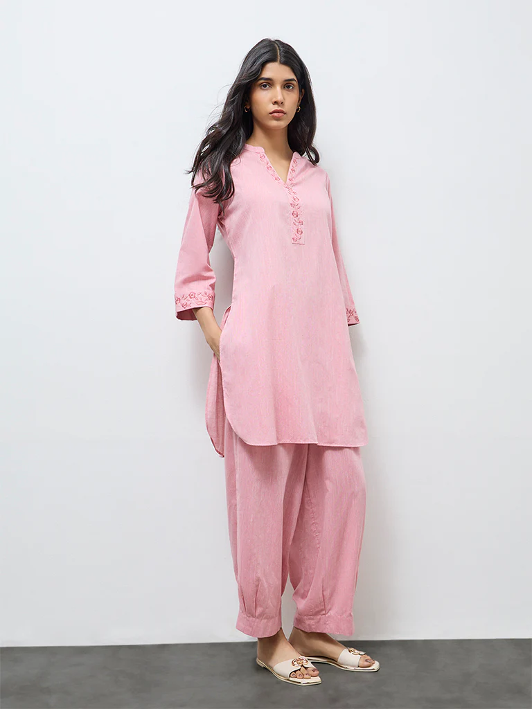 Utsa Light Pink Floral Embroidered Cotton A-Line Kurta - Image 2
