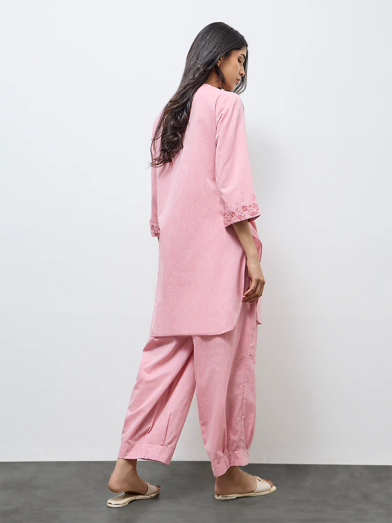 Utsa Light Pink Floral Embroidered Cotton A-Line Kurta - Image 4
